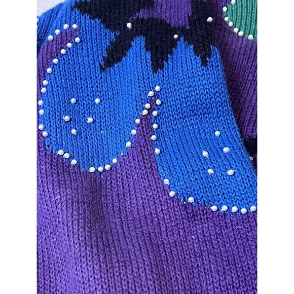 80's Vtg Crew Neck Sweater Colorful Floral Embroidery & Bead Embellished Women M - Picture 6 of 8